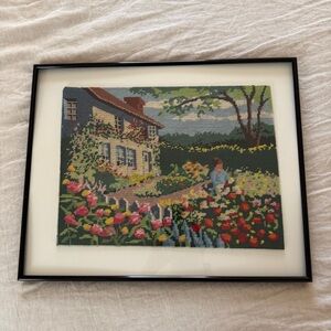 Vintage Framed Large English Cottage Garden Cross Stitch